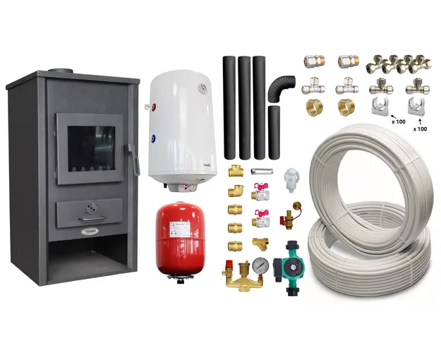 Pachet Termosemineu pe lemne, brichete si carbune Fornello B2E, 14 kW, 46x45x91 cm, boiler termoelectric 80l, teava, vas expansiune, pompa circulatie, kit evacuare si fitinguri