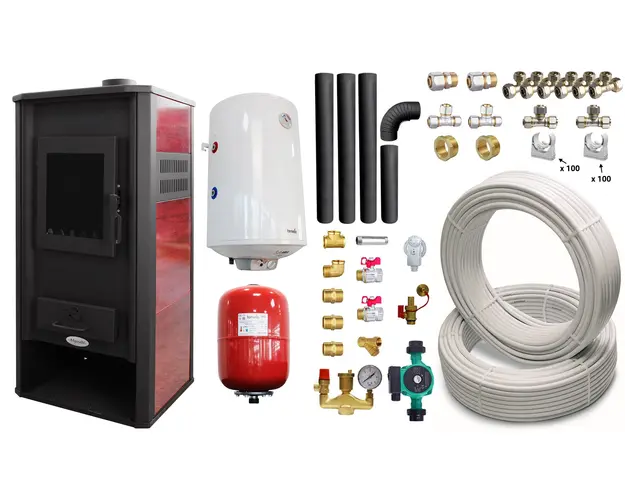 Pachet Termosemineu pe lemne, brichete si carbune Fornello Roma E, Bordeaux, 22 kW, 49x45x103 cm, boiler termoelectric 100l, teava, vas expansiune, pompa circulatie, kit evacuare si fitinguri