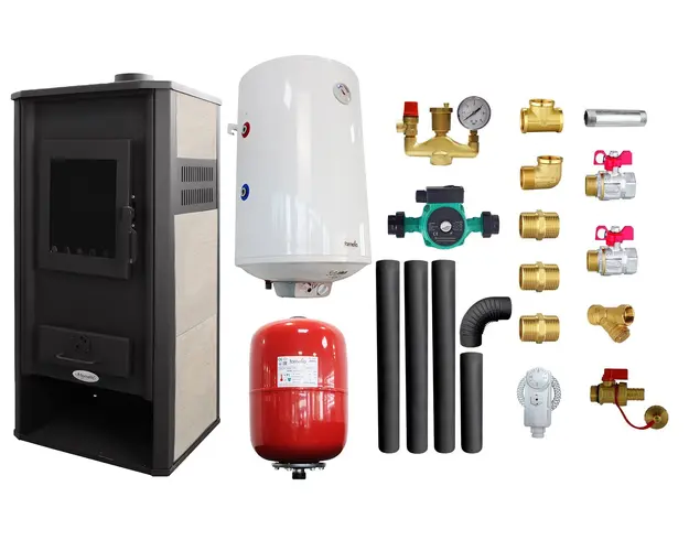 Pachet Termosemineu pe lemne, brichete si carbune Fornello Roma E, Ivory, 22 kW, 49x45x103 cm, boiler termoelectric 100l, vas expansiune, pompa circulatie, kit evacuare si kit montaj 