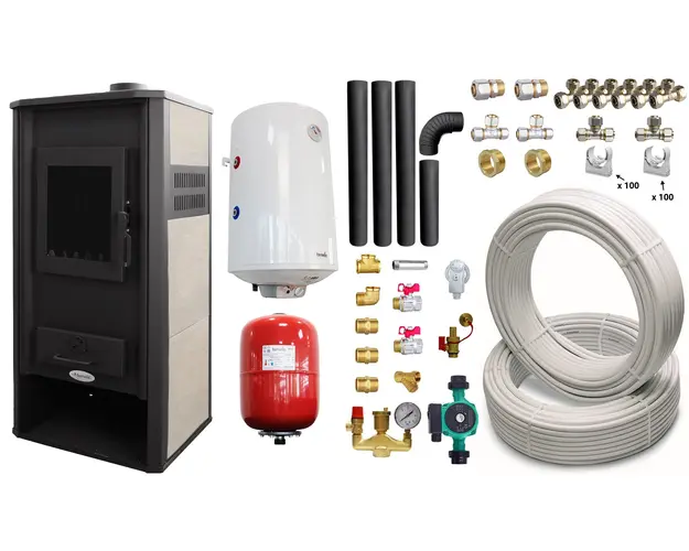 Pachet Termosemineu pe lemne, brichete si carbune Fornello Roma E, Ivory, 22 kW, 49x45x103 cm, boiler termoelectric 100l, teava, vas expansiune, pompa circulatie, kit evacuare si fitinguri