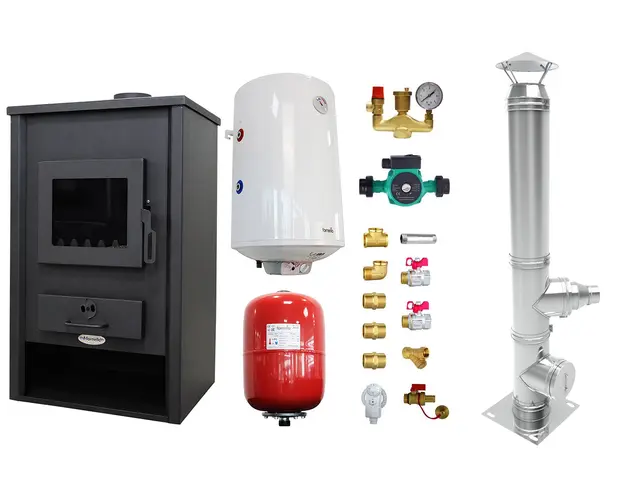 Pachet Termosemineu pe lemne, brichete si carbune Fornello Padova E, 19.4 kW, 510x500x910 mm, cos inox, boiler termoelectric 80l, vas expansiune, pompa circulare si kit montaj