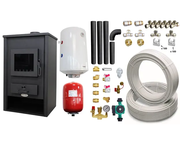 Pachet Termosemineu pe lemne, brichete si carbune Fornello PADOVA E, 19.4 kW, 510x500x910 mm, boiler termoelectric 80l, teava, vas expansiune, pompa circulare, kit evacuare si fitinguri