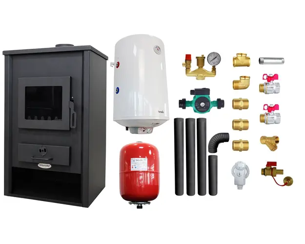 Pachet Termosemineu pe lemne, brichete si carbuni Fornello PADOVA E, 19.4 kW, 510x500x910 mm, boiler termoelectric 80l, vas expansiune, pompa circulare, kit evacuare si kit montaj