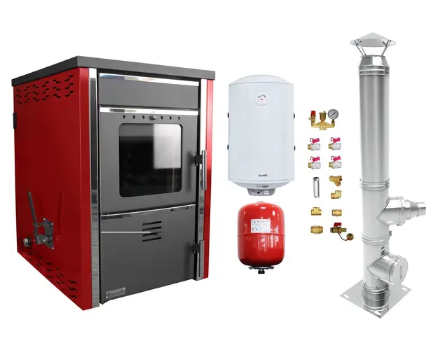 Pachet Termosemineu pe lemne FORNELLO TOROS 29 kw Bordeaux pe combustibil solid ( lemn,carbune,bricheti ), boiler termoelectric 100l, vas expansiune, kit montaj si cos inox