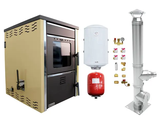 Pachet Termosemineu pe lemne FORNELLO TOROS 29 kw Ivory pe combustibil solid ( lemn,carbune,bricheti ), boiler termoelectric 100l, vas expansiune, kit montaj si cos inox