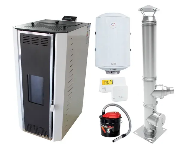 Pachet Termosemineu pe peleti Fornello Camino Rossi 35 kW, pompa Grundfos, vas expansiune, arzator inox, Boiler Fornello Termoelectric 100 l, termostat, aspirator cenusa si cos inox 4 ml