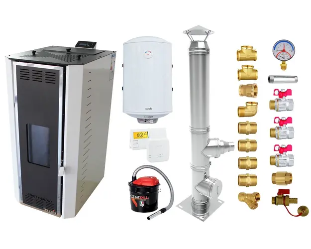 Pachet Termosemineu pe peleti Fornello Camino Rossi 35 kW, pompa Grundfos, vas expansiune, arzator inox, Boiler Fornello Termoelectric 100 l, termostat, aspirator cenusa, cos inox 4 ml si fitinguri montaj