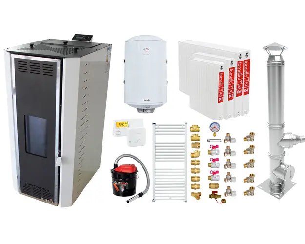 Pachet Termosemineu pe peleti Fornello Camino Rossi 35 kW, pompa Grundfos, vas expansiune, arzator inox, Boiler Fornello Termoelectric 100 l, termostat, aspirator cenusa, cos inox 4 ml, calorifere si fitinguri montaj 