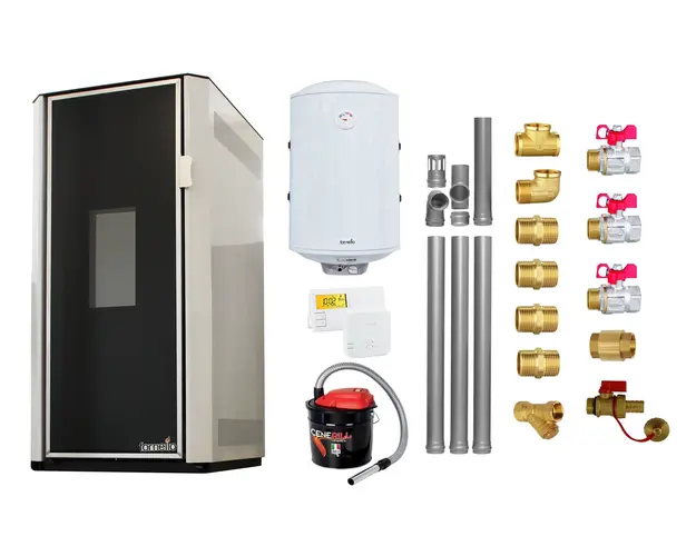 Pachet Termosemineu pe peleti Fornello Lidya 25 kW, pompa Grundfos, vas expansiune, arzator inox, curatare mecanica arzator si drumuri de fum, A+, Kit evacuare 3.5 ml, Boiler Fornello 100 l, Termostat Salus 091FLRFV2, Aspirator si Kit montaj