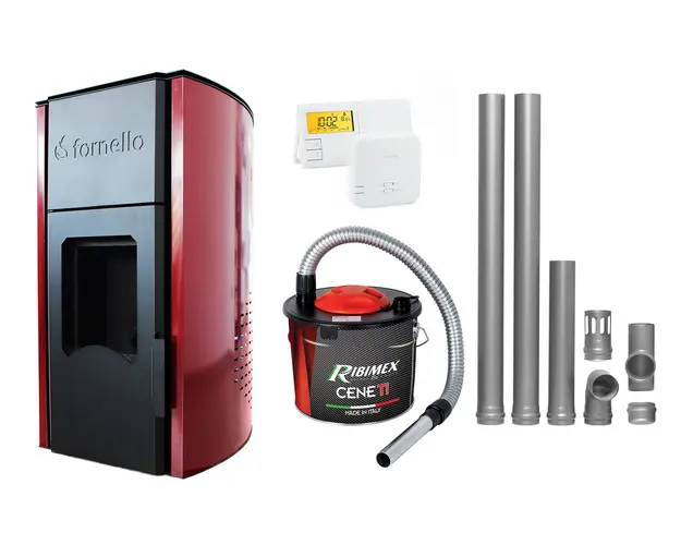 Pachet Termosemineu pe peleti Fornello Royal Bordeaux 25 kW, complet echipat cu pompa, vas expansiune, automatizare, culoare grena, kit evacuare 2.5 ml, Termostat Radio Comanda Salus 091FLRFV2 si Aspirator Cenusa