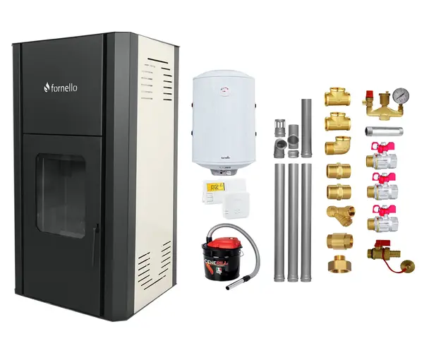 Pachet Termosemineu peleti Fornello Primo Pellet 25 kw, complet echipat pentru incalzire, pompa circulatie, vas expansiune, automatizare, kit evacuare 3.5 ml, Boiler Termoelectric Fornello 100 l, Termostat Salus 091FLRFV2, Aspirator si kit montaj