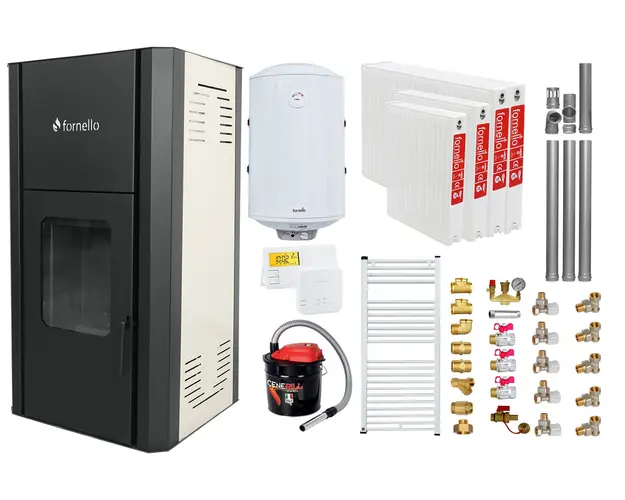Pachet Termosemineu peleti Fornello Primo Pellet 25 kw, complet echipat, pompa circulatie, vas expansiune, automatizare, kit evacuare 3.5 ml, Boiler Termoelectric Fornello 100 l, Termostat Salus 091FLRFV2, Aspirator, Calorifere si kit montaj