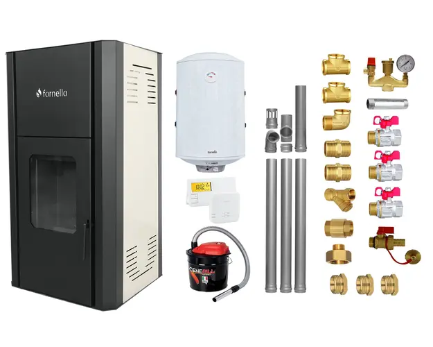 Pachet Termosemineu peleti Fornello Primo Pellet Ivory 30 kw, complet echipat pentru incalzire, pompa, vas expansiune, automatizare, kit evacuare 3.5 ml, Boiler Termoelectric Fornello 100 l, Termostat Salus 091FLRFV2, Aspirator si kit montaj