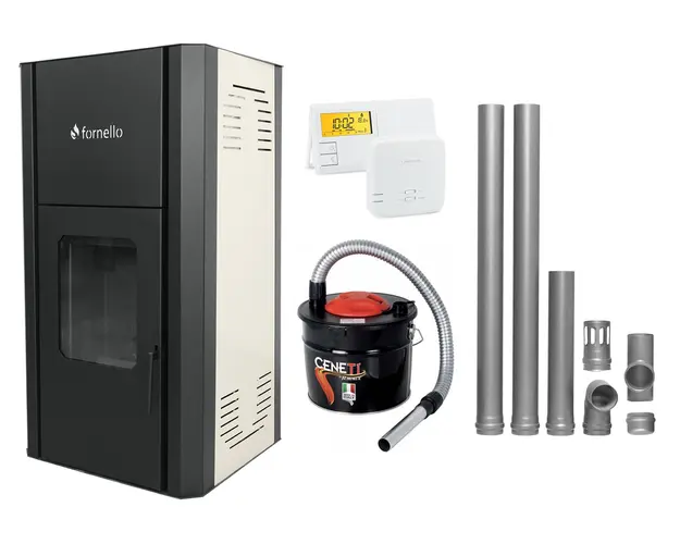 Pachet Termosemineu peleti Fornello Primo Pellet Ivory 25 kw, complet echipat pentru incalzire, pompa circulatie, vas expansiune, automatizare, kit evacuare 2.5 ml, Termostat Salus 091FLRFV2, Aspirator Cenusa