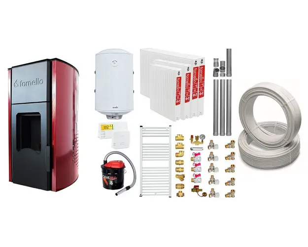 Pachet Termosemineu peleti Fornello Royal Bordeaux 25 kw, complet echipat, pompa circulatie, teava hidronix, vas expansiune, automatizare, kit evacuare 3.5 ml, Boiler Termoelectric Fornello 100 l, Termostat Radio Comanda Salus 091FLRFV2, Aspirator, C