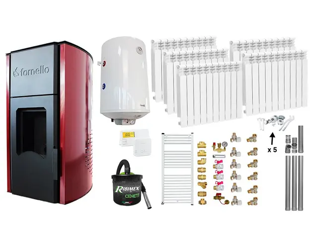Pachet Termosemineu peleti Fornello Royal Bordeaux 25 kw, complet echipat, pompa circulatie, vas expansiune, automatizare, Calorifere aluminiu, Boiler, kit evacuare 3.5 ml, Aspirator Cenusa, Termostat Salus 091FLRFV2 si Fitinguri