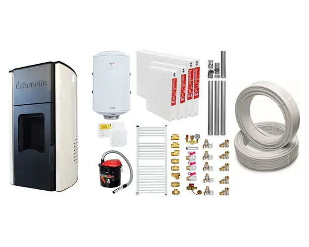 Pachet Termosemineu peleti Fornello Royal Ivory 25 kw, complet echipat, pompa circulatie, teava hidronix, vas expansiune, automatizare, kit evacuare 3.5 ml, Boiler Termoelectric Fornello 100 l, Termostat Salus 091FLRFV2, Aspirator, Calorifere si kit 
