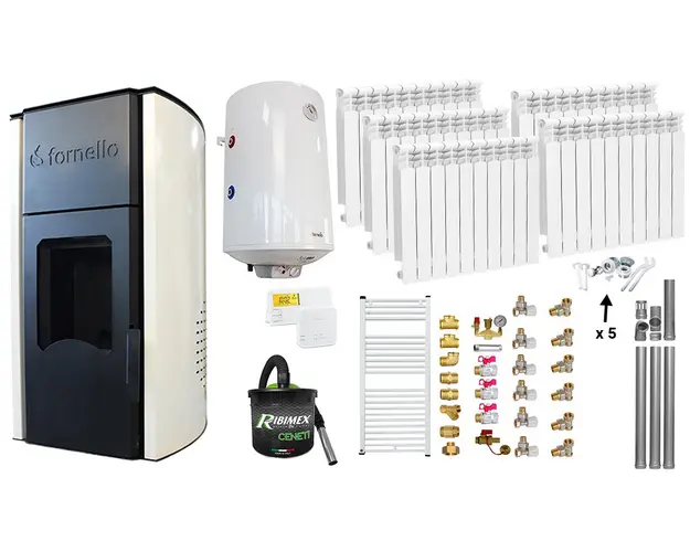 Pachet Termosemineu peleti Fornello Royal Ivory 25 kw, complet echipat, pompa circulatie, vas expansiune, automatizare, Calorifere aluminiu, Boiler, kit evacuare 3.5 ml, Aspirator Cenusa, Termostat Salus 091FLRFV2 si Fitinguri