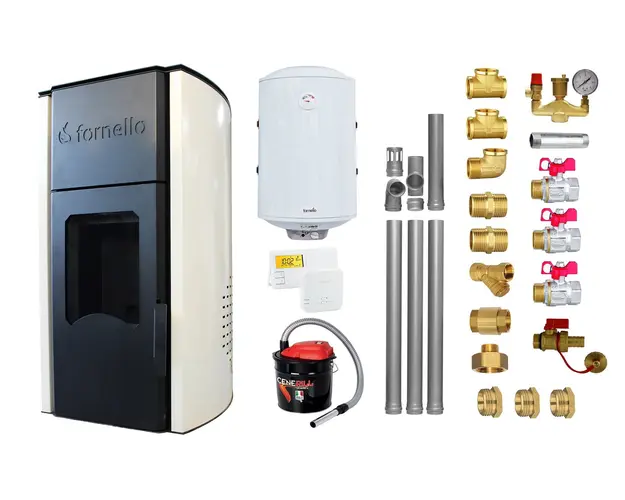 Pachet Termosemineu peleti Fornello Royal Ivory 30 kw, complet echipat pentru incalzire, pompa circulatie, vas expansiune, automatizare, kit evacuare 3.5 ml, Boiler Termoelectric Fornello 100 l, Termostat Salus 091FLRFV2, Aspirator si kit montaj
