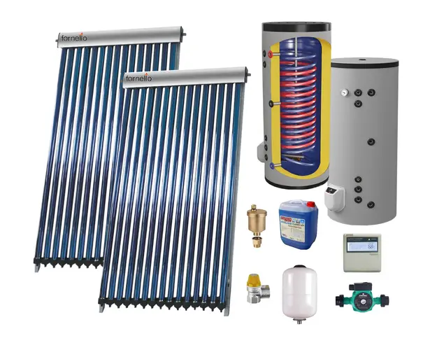 Set Sistem solar presurizat, panou Fornello 40 Tuburi Heat Pipe, boiler cu 2 serpentine si rezistenta electrica Eldom 300 litri cu montaj pe sol, pompa 25-60, controller, vas expansiune, antigel, supapa 1/2, aerisitor 1/2