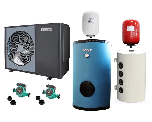 Pachet Pompa de caldura aer-apa pentru incalzire si racire FORNELLO ECO Green CGK030V3L MONOBLOC 12 KW, Puffer Sunsystem PSM 80 LITRI, Boiler Fornello HP 200 litri, Pompe, Vas Expansiune Sanitar, Vas expansiune Termic, MONOFAZAT