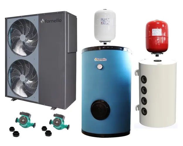 Pachet Pompa de caldura aer-apa pentru incalzire si racire FORNELLO ECO Green CGK-060V3L MONOBLOC 22 KW, Puffer Sunsystem PSM 100 LITRI, Boiler Fornello HP 200 litri, Pompe, Vas Expansiune Sanitar, Vas expansiune Termic, TRIFAZATA