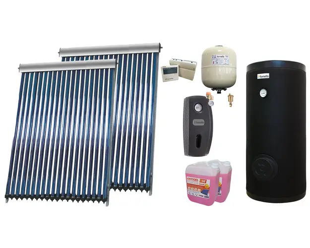 Sistem solar presurizat ,2x Panou Sunsystem VTC 20 tuburi, Boiler cu 2 serpentine Fornello SOL 300 litri, controller, vas expansiune, grup pompare, aerisitor 1/2, antigel 