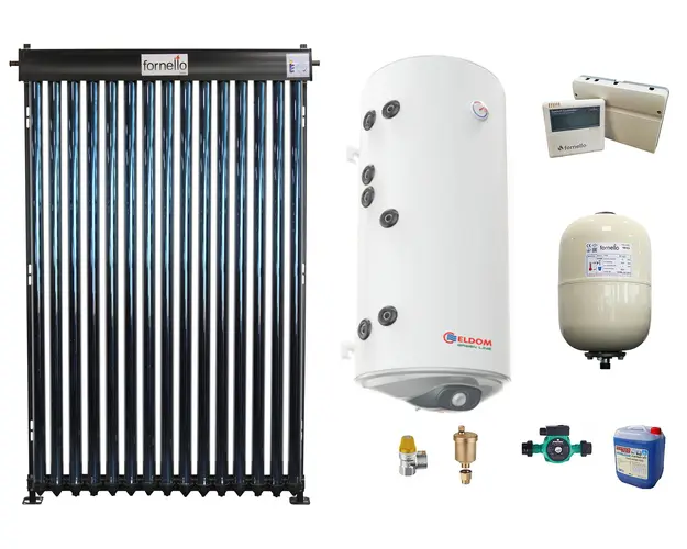 Sistem solar presurizat, panou Fornello 15 Tuburi Heat Pipe, boiler cu 2 serpentine si rezistenta electrica Eldom 150 litri, pompa 25-60, controller, vas expansiune, antigel, supapa 1/2, aerisitor 1/2