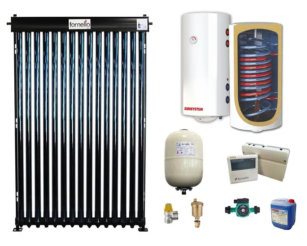 Sistem solar presurizat, panou Fornello 15 Tuburi Heat Pipe, Boiler cu 2 serpentine si rezistenta electrica Sunsystem MB NL2 100 litri, pompa 25-60, controller, vas expansiune, antigel, supapa 1/2, aerisitor 1/2