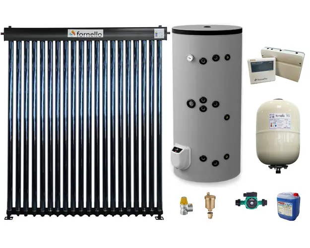 Sistem solar presurizat, panou Fornello 20 Tuburi Heat Pipe, boiler cu 2 serpentine si rezistenta electrica Eldom 200 litri cu montaj pe sol, pompa 25-60, controller, vas expansiune, antigel, supapa 1/2, aerisitor 1/2