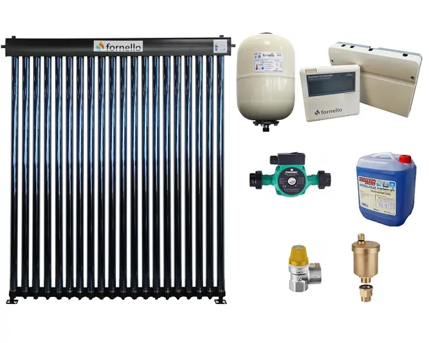 Sistem solar presurizat, panou Fornello 20 Tuburi Heat Pipe, pompa 25-60, controller, vas expansiune, antigel, supapa 1/2, aerisitor 1/2