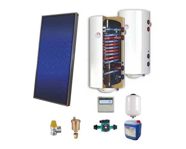 Sistem solar presurizat, panou solar plan Sunsystem PК SL FP 2.0, boiler cu 2 serpentine si rezistenta electrica Sunsystem 150 litri, pompa 25-60, controller, vas expansiune, antigel, supapa 1/2, aerisitor 1/2