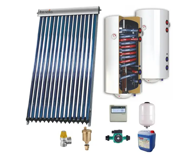Sistem solar presurizat , panou Sunsystem VTC 20, boiler cu 2 serpentine si rezistenta electrica Sunsystem 200 litri, pompa 25-60, controller, vas expansiune, antigel, supapa 1/2, aerisitor 1/2