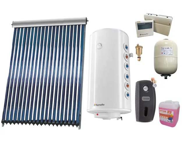 Sistem solar presurizat , panou Sunsystem VTC 20 tuburi, Boiler cu 2 serpentine Fornello Optima GCV7/4S 150 litri, controller, vas expansiune, grup pompare, aerisitor 1/2, antigel
