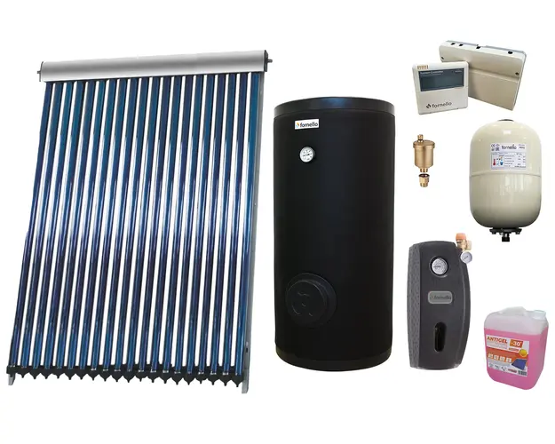 Sistem solar presurizat , panou Sunsystem VTC 20 tuburi, Boiler cu 2 serpentine Fornello SOL 150 litri, controller, vas expansiune, grup pompare, aerisitor 1/2, antigel