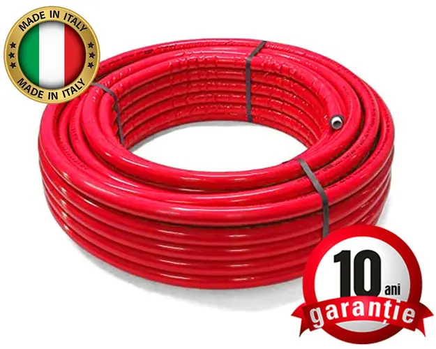 Teava multistrat FORNELLO Hidronix, izolata, culoare rosu, diametru 16x2 mm cu insertie de aluminiu, colac 100 ml, 10 Ani Garantie