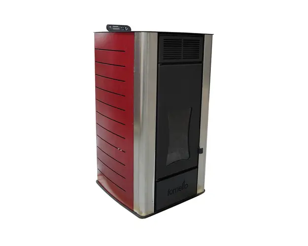 Termosemineu centrala pe peleti Fornello Premium W25, 25 kw, complet echipat cu pompa de circulatie, vas de expansiune, supapa siguranta, telecomanda, culoare Bordeaux, arzator peleti din fonta, pentru suprafete pana la 150 mp
