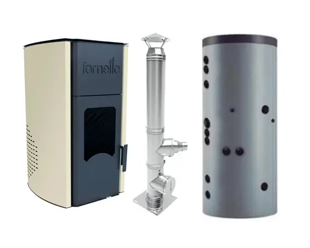 Termosemineu peleti Fornello Royal 25 kw, cos de fum inox izolat dn 120 6 metri si puffer 500 litri