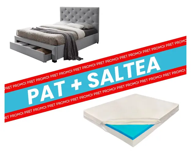 Set pat tapitat cu 2 sertare Lars si saltea ortopedica Aloe Vera, Doua Fete, Ergomed- 180x200