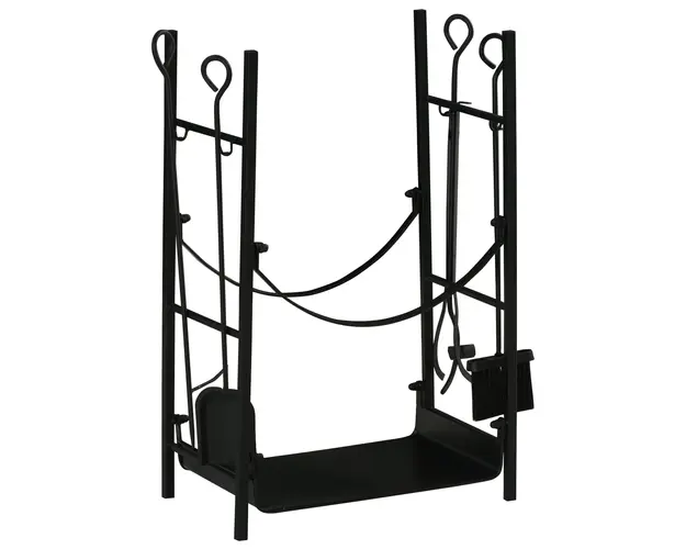 Suport pentru Lemne de Interior si de Exterior din Metal cu Lopata, Matrua, Vatrai si Cleste, Negru, max 70 kg de Lemne Outsunny | Aosom Romania