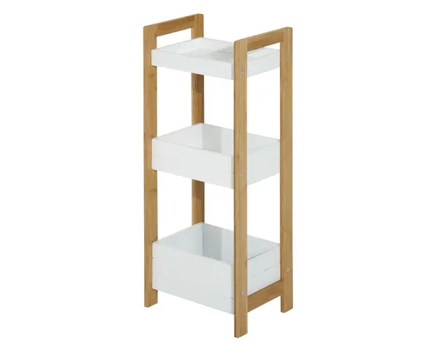 HOMCOM Dulapior Compact Baie, Raft Multifunctional cu 3 Etajere, din MDF si Bambus, 27.5x20.8x74 cm, Alb | Aosom Romania
