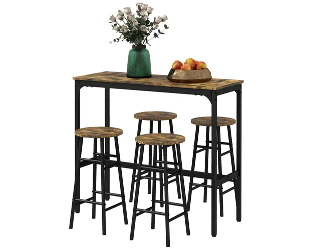 HOMCOM Set Masa si Scaune din MDF si Otel cu 4 Scaune cu Suport pentru Picioare si Masa Dreptunghiulara, 105x40x90 cm, Maro | Aosom Romania