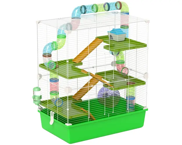 PawHut Custa pentru Hamsteri cu 5 Nivele, Tuburi, Casuta, Rezervor de Apa si Roata, 59x36x69 cm, Verde | Aosom Romania