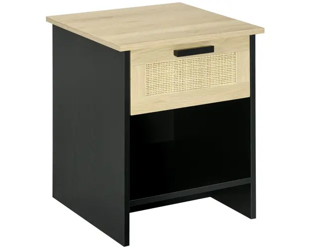 HOMCOM Noptiera Boho Chic, Lemn si Ratan, Sertar si Raft, 40x40x50cm, Negru/Lemn Natural | Aosom Romania