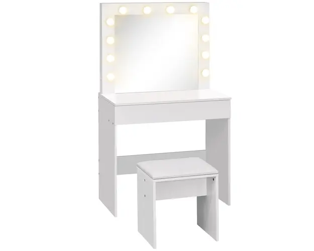 HOMCOM Masa de Machiaj Vintage cu Scaun Tapitat, Oglinda cu 12 Lampi LED, Sertar Mare, MDF Alb, pentru Dormitor | Aosom Romania