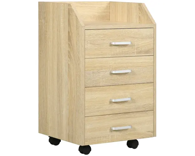 Vinsetto Fiset pentru Birou din Lemn cu 4 Sertare, Dulap pentru Birou cu Roti si Margini Inaltate, 40x36x65cm, Lemn Natur