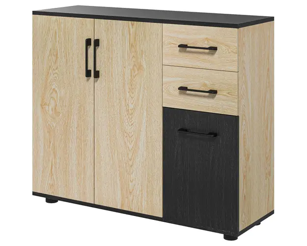 Bufet modern cu 2 dulapuri si 2 sertare, bufet de bucatarie cu raft reglabil, 90x30x75,5 cm, de culori nuc si negru HOMCOM | Aosom Romania