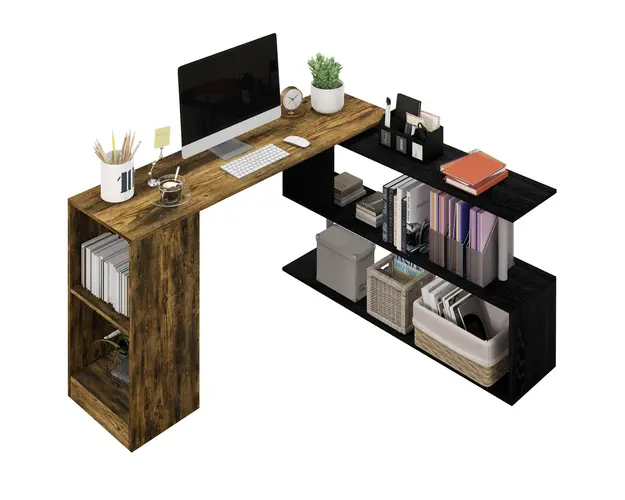 HOMCOM Birou de Colt Spatiu Economic cu Raft in Forma de S, Birou Modern din Lemn, 140x120x78 cm, Maro Rustic | Aosom Romania