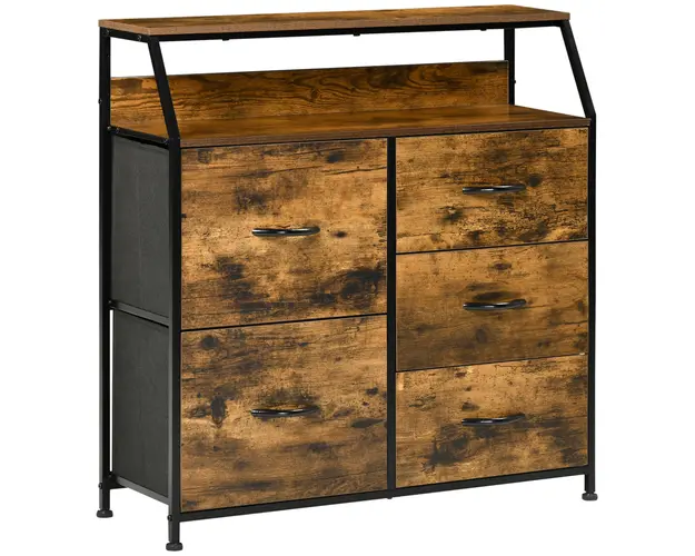 HOMCOM Comoda cu 5 Sertare Pliabile din Material Textil, Dulap Multifunctional in Stil Industrial, 83,5x29x87 cm, Maro | AOSOM Romania