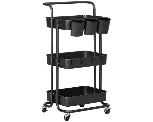 HOMCOM Carucior de Bucatarie Multifunctional cu 3 Nivele, Cosuri si Carlige Detasabile, 42x38x86.5 cm, Negru | Aosom Romania